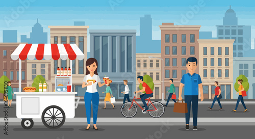 Urban street scene with pedestrians and food cart vendor in a bustling city