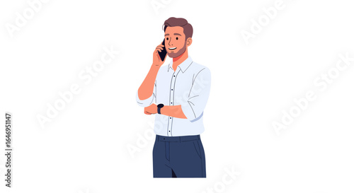 Animated illustration of a smiling man talking on a smartphone communication and connectivity concept