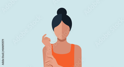 Contemporary flat design illustration of a human figure with dark hair bun in an orange garment against a clean background