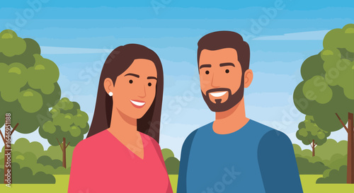 Smiling couple standing together in a park illustration representing happiness and togetherness