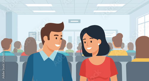 Happy diverse couple having conversation in a modern public waiting area