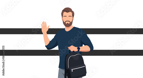 Bearded man waving hand holding backpack in flat cartoon vector style illustration on white background