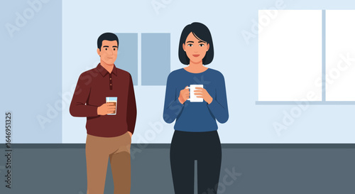 Professional colleagues taking a casual break with drinks in a modern office environment