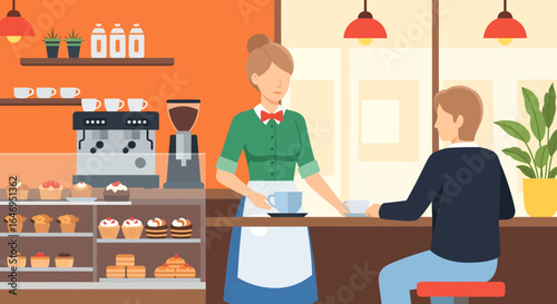 Friendly waitress serving coffee to customer in modern cafe flat illustration