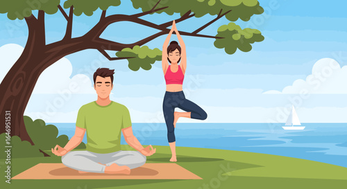 Man and woman practicing yoga outdoors in nature by the water for health and wellness lifestyle
