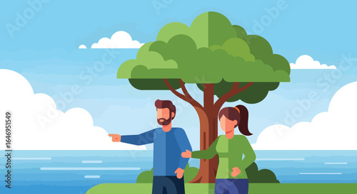 Adult man and woman interacting outdoors pointing at something in a natural landscape