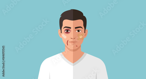 Vector illustration of a man with facial injuries black eye cuts and bandages on his face