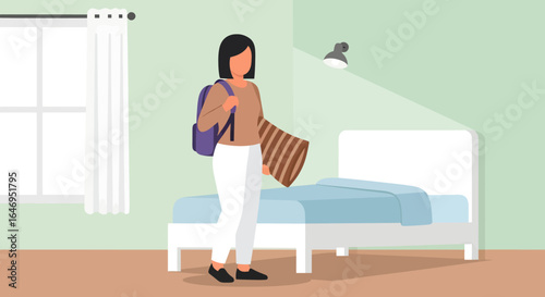 Young adult female standing in a bright bedroom with a backpack and folded textiles