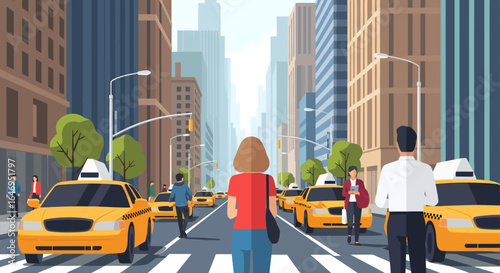 Urban city street scene with pedestrians and yellow taxi cabs in daytime traffic