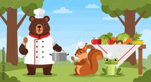 Friendly animal chefs prepare healthy food outdoors illustration with fresh produce