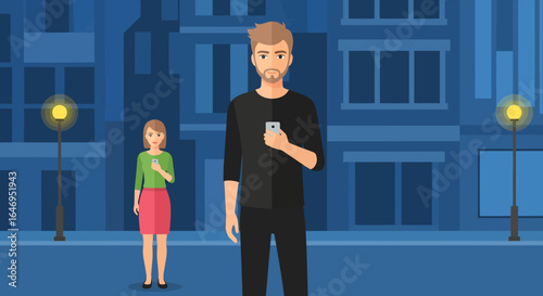 Man and woman characters use mobile phones on an urban street at night with glowing streetlights