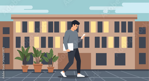 Young man walking outside building holding laptop and looking at mobile phone flat illustration