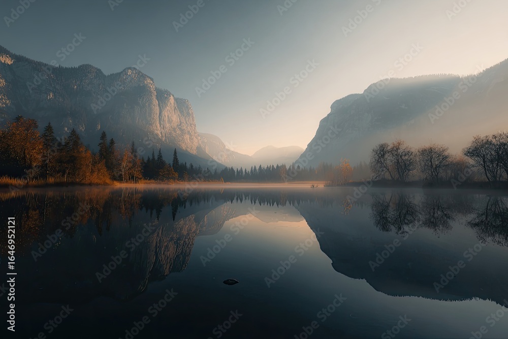 Fototapeta premium Misty mountain lake at dawn, serene reflection