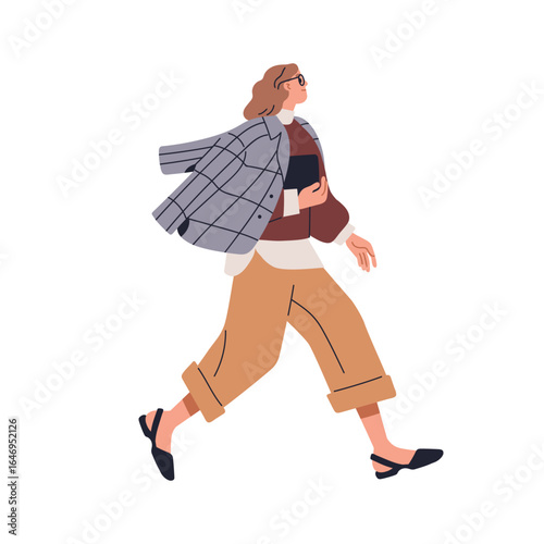 Business woman walking. Young female office worker in modern urban style clothing. Confident stylish businesswoman in trendy outfit, side view. Flat vector illustration isolated on white background