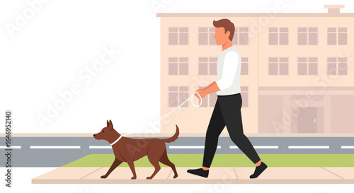 Person walking a domestic animal on a leash along a city street sidewalk with urban background