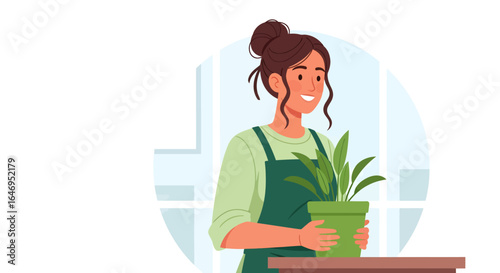 Happy person caring for green potted plant indoors in a bright modern environment