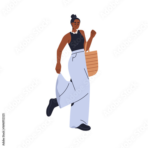 Black woman in casual fashion style clothing. Female adjusting loose wide-legged jeans, pants outdoors. Girl in stylish modern summer outfit. Flat vector illustration isolated on white background