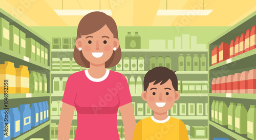 Parent and child grocery shopping in a colorful supermarket aisle vector illustration