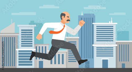 Businessman running through cityscape illustrates speed and urban dynamics