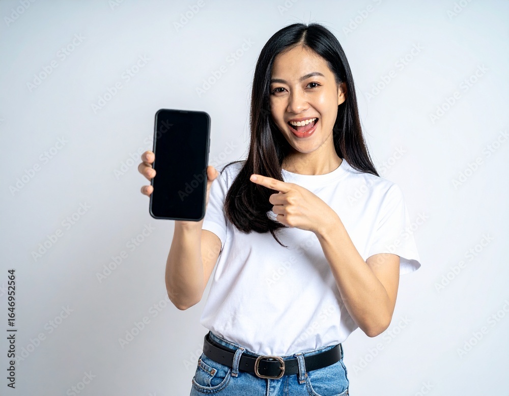 Naklejka premium Pretty Japanese Girl Wearing White T-Shirt Holding Smartphone for Mockup with Smooth White Background