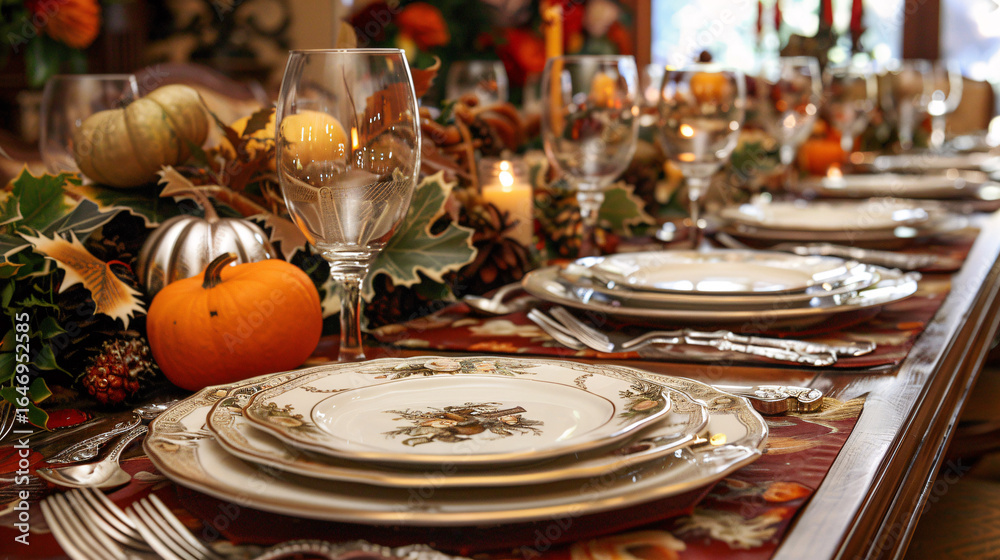 Naklejka premium White plates arranged in a row on the dining table for Thanksgiving celebration.