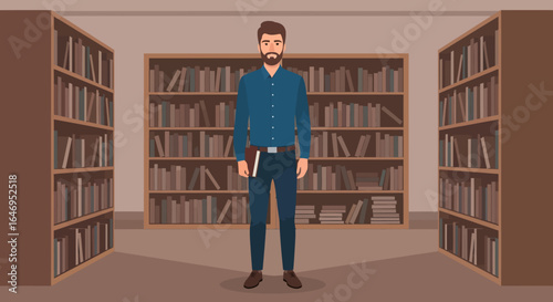 Young man standing confidently in a library surrounded by extensive bookshelves filled with books