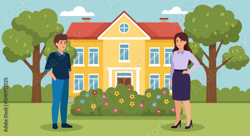 Adult man and woman standing near a residential property with lush trees and flowering bushes