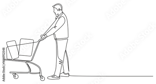 continuous line art of a man shopping for items using a trolley