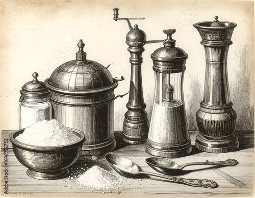 Vintage Kitchen Still Life With Sugar, Salt, and Spice Containers Arranged on Wooden Table