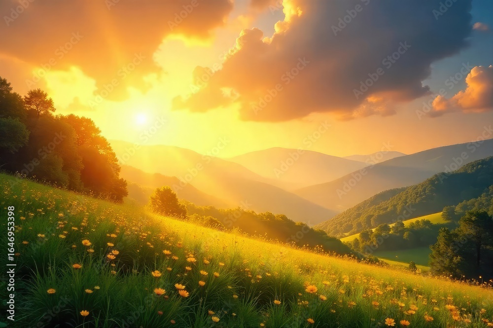 Obraz premium Golden Sunlight Bathes Serene Landscape Spiritual Connection and Divine Peace