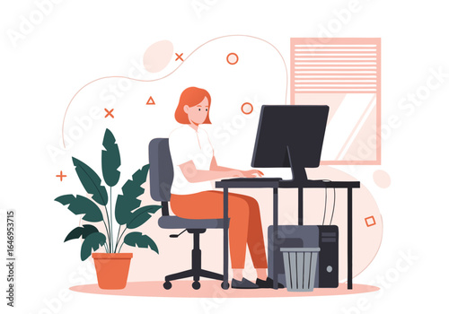 Young Woman Working Efficiently at Home Office Desk with Computer, Illustrating Remote Work and Digital Productivity