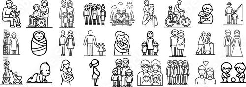 Family life stages vector art illustrations: parents children baby couple wedding grandparents and more line art