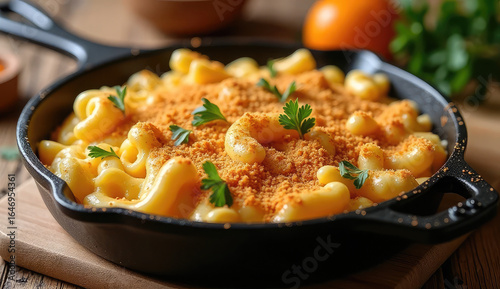 Creamy, cheesy mac and cheese, topped with crispy breadcrumbs, in a cast iron skillet.
