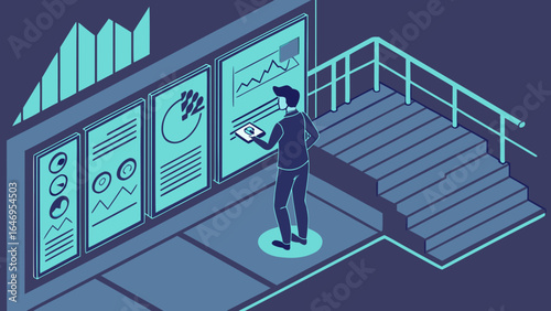 A conceptual illustration of a businessperson analyzing digital data trends and insights on interactive boards.
