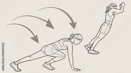 Fitness instructor demonstrating a dynamic workout: a woman performing mountain climbers and jump squats.