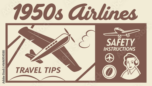 Vintage 1950s airline travel tips with a classic airplane illustration and safety instruction icons.