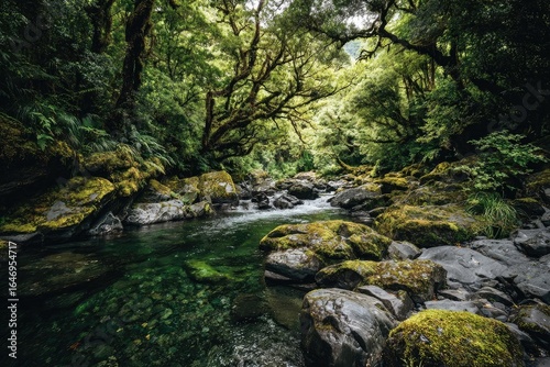 Crystal-clear stream winding through lush, mossy forest