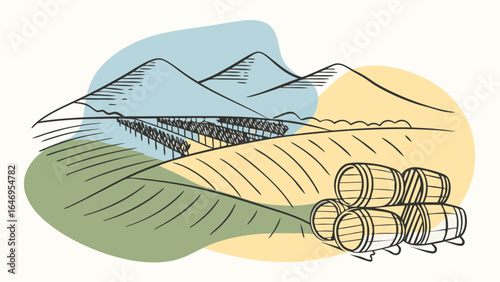 Stylized landscape featuring rolling hills, vineyards, and wooden barrels, capturing the essence of rural agriculture.