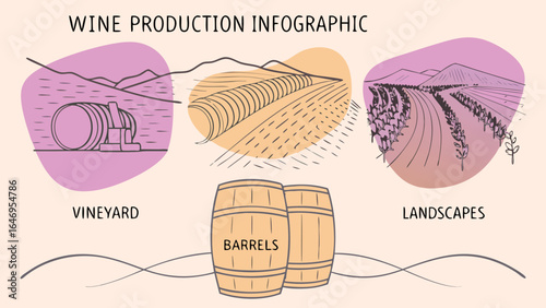A colorful infographic showcasing wine production, highlighting vineyards, barrels, and picturesque landscapes.