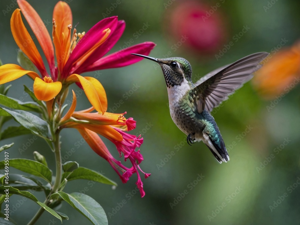 Fototapeta premium Close-up of Hummingbird Hovering Near Tropical Flower Nectar