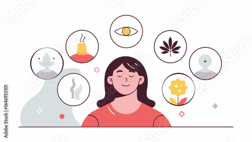A young woman with dark hair reflects on various wellness elements, surrounded by icons of nature and mindfulness.