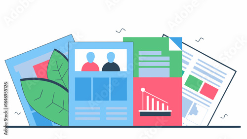 Colorful business documents stacked with charts and leaf elements, symbolizing growth and data analysis.