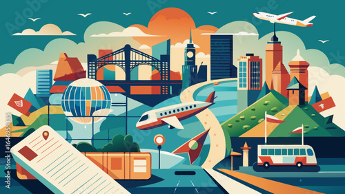 Vibrant illustration showcasing global travel destinations with planes, landmarks, and colorful landscapes.