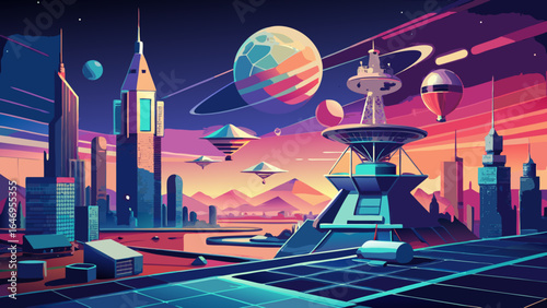 Vibrant futuristic cityscape featuring towering buildings and flying vehicles under a colorful cosmic sky.
