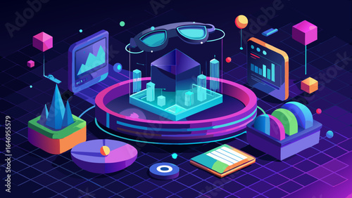 A futuristic digital workspace featuring 3D data visualization tools and virtual reality elements.