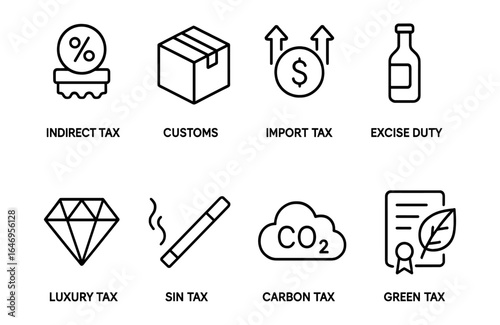 Tax and finance outline icon set. indirect, custom, import, excise, green tax icons