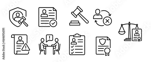 Legal and justice outline icon set. law, court, contract, balance symbols collection