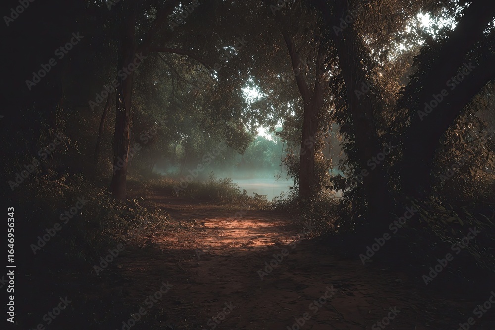 Obraz premium Misty forest path, sunlight filtering through trees (1)