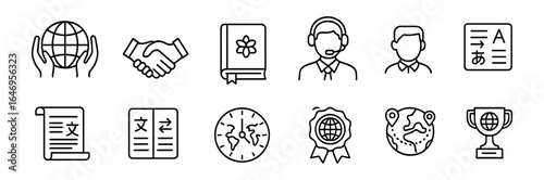 Language and communication outline icon set. education, translation, interpretation