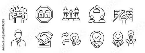 Business strategy outline icon set. communication, teamwork, and leadership icons